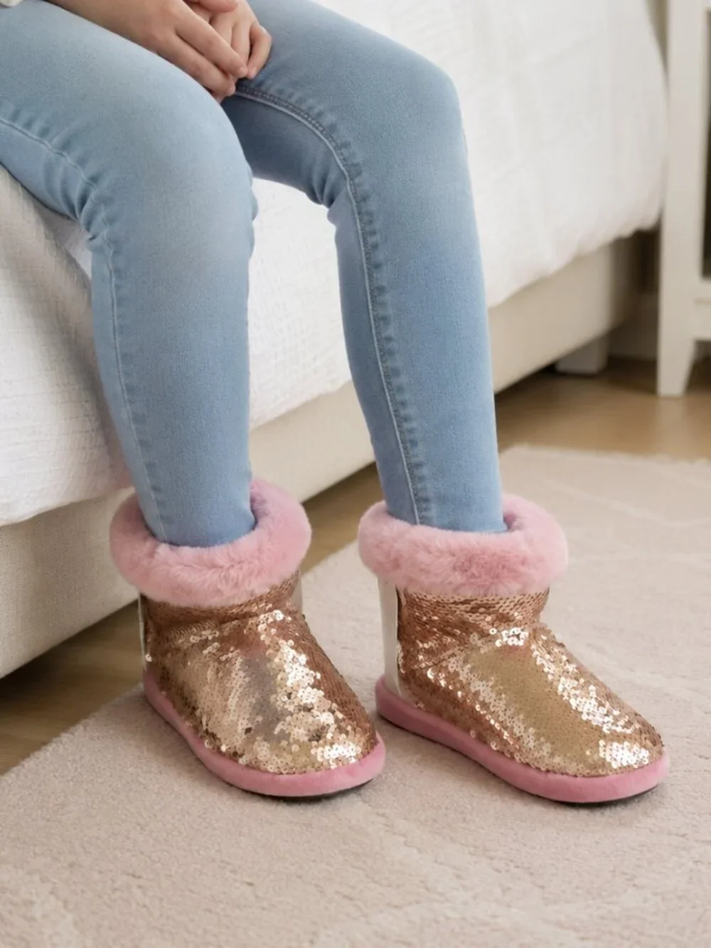 Girls Pink Booties with Gold Sequins, Warm Sparkly Slippers, Great Gift NWT